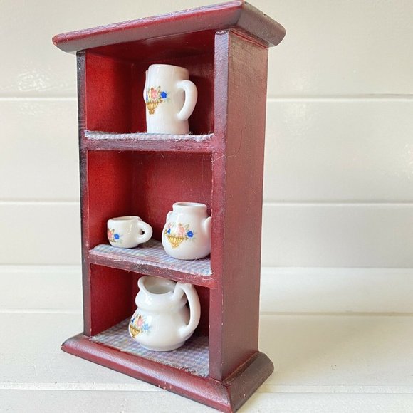 Miniature Dollhouse Wood Cupboard with Ceramic  Pitcher Jar Cup - Picture 3 of 11